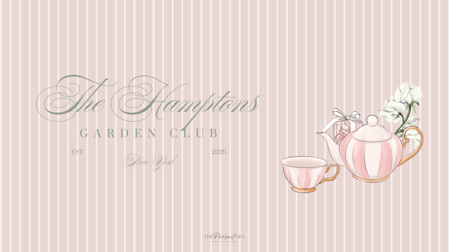 Blush pink striped desktop wallpaper with a vintage-style tea set, macarons, and soft florals, finished with elegant Hamptons Garden Club typography for a feminine spring look.