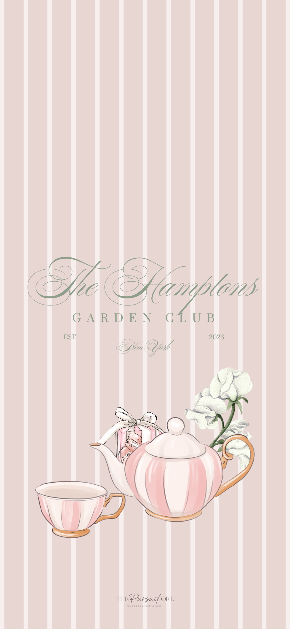 Blush pink striped phone wallpaper with a vintage-style tea set, macarons, and soft florals, finished with elegant Hamptons Garden Club typography for a feminine spring look.