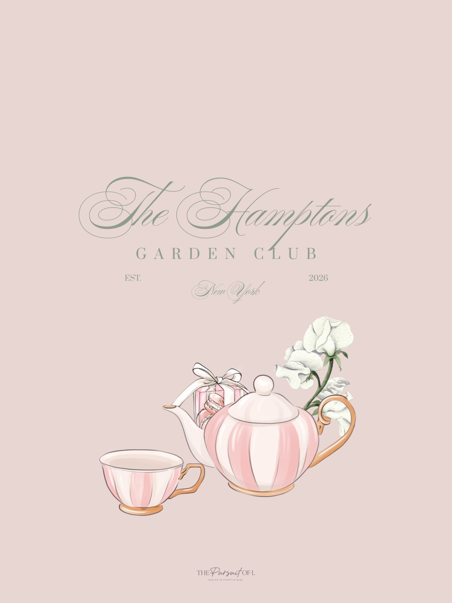 Soft blush tablet wallpaper featuring a delicate tea set with floral accents and minimal Hamptons-inspired text, creating a cozy and romantic spring background.