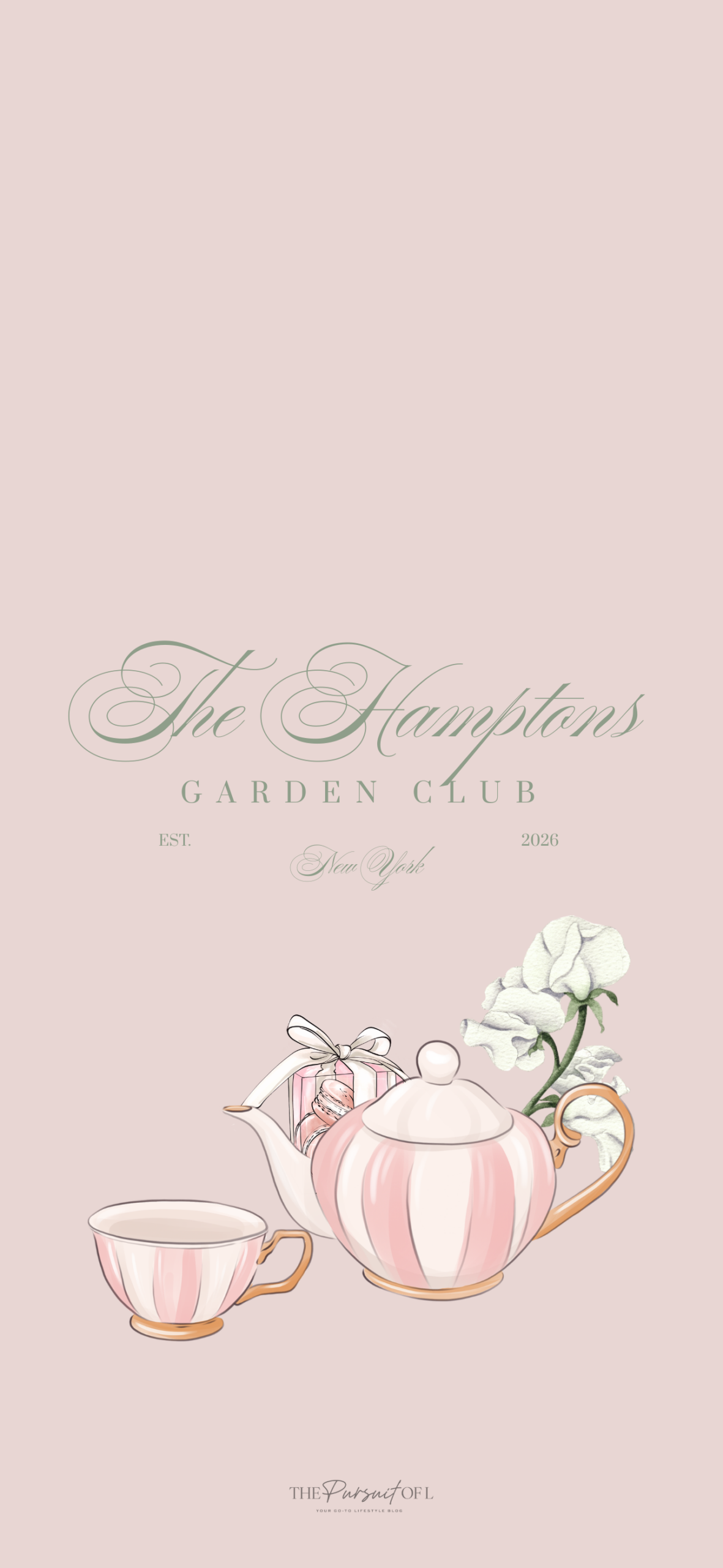 Soft blush phone wallpaper featuring a delicate tea set with floral accents and minimal Hamptons-inspired text, creating a cozy and romantic spring background.