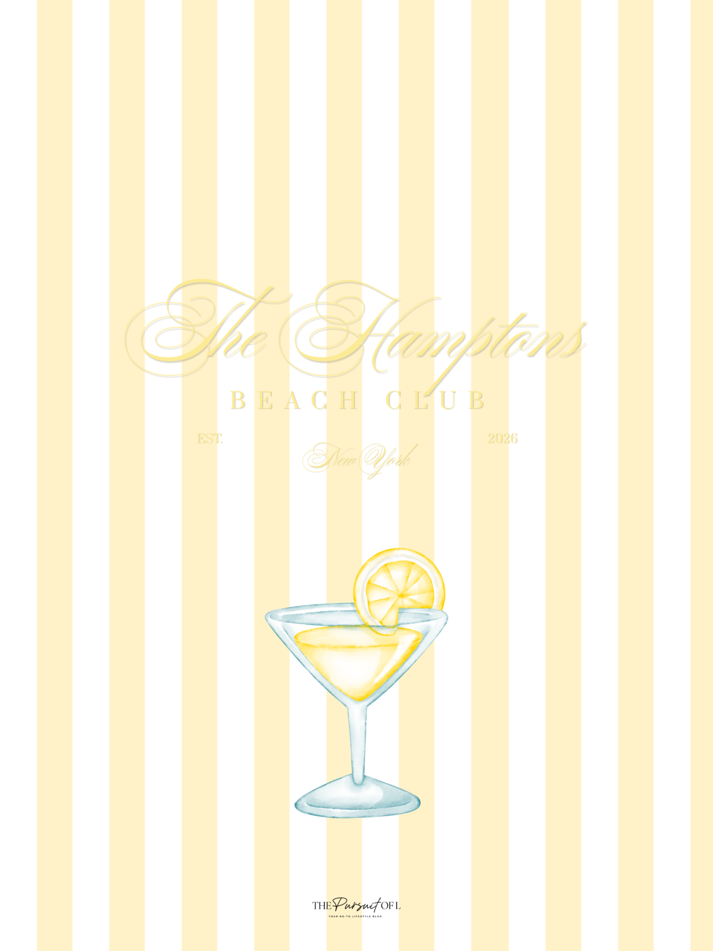 Hamptons Beach Club tablet wallpaper featuring a lemon cocktail illustration on buttery yellow stripes with coastal summer aesthetic
