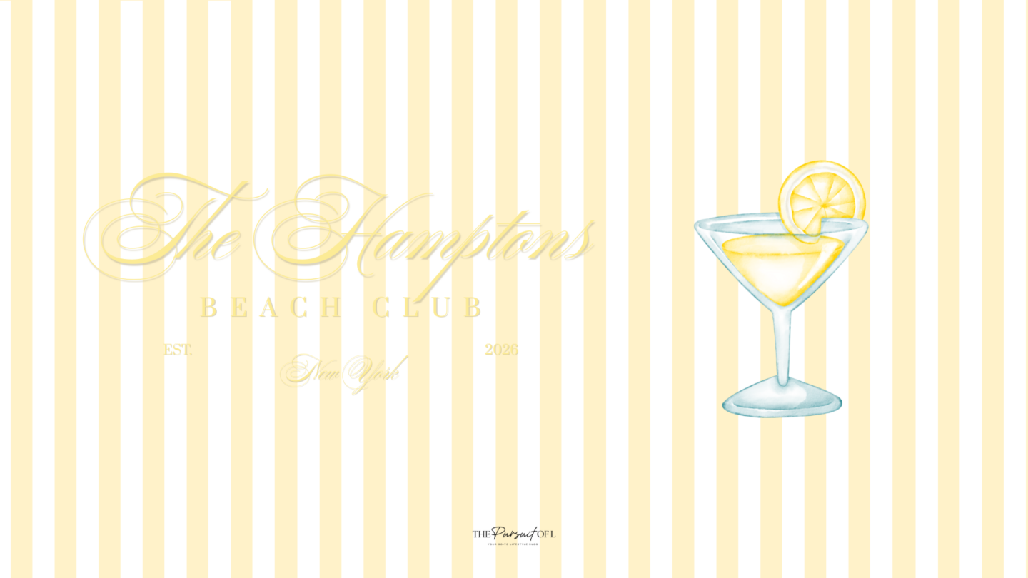 Hamptons Beach Club desktop wallpaper featuring a lemon cocktail illustration on buttery yellow stripes with coastal summer aesthetic