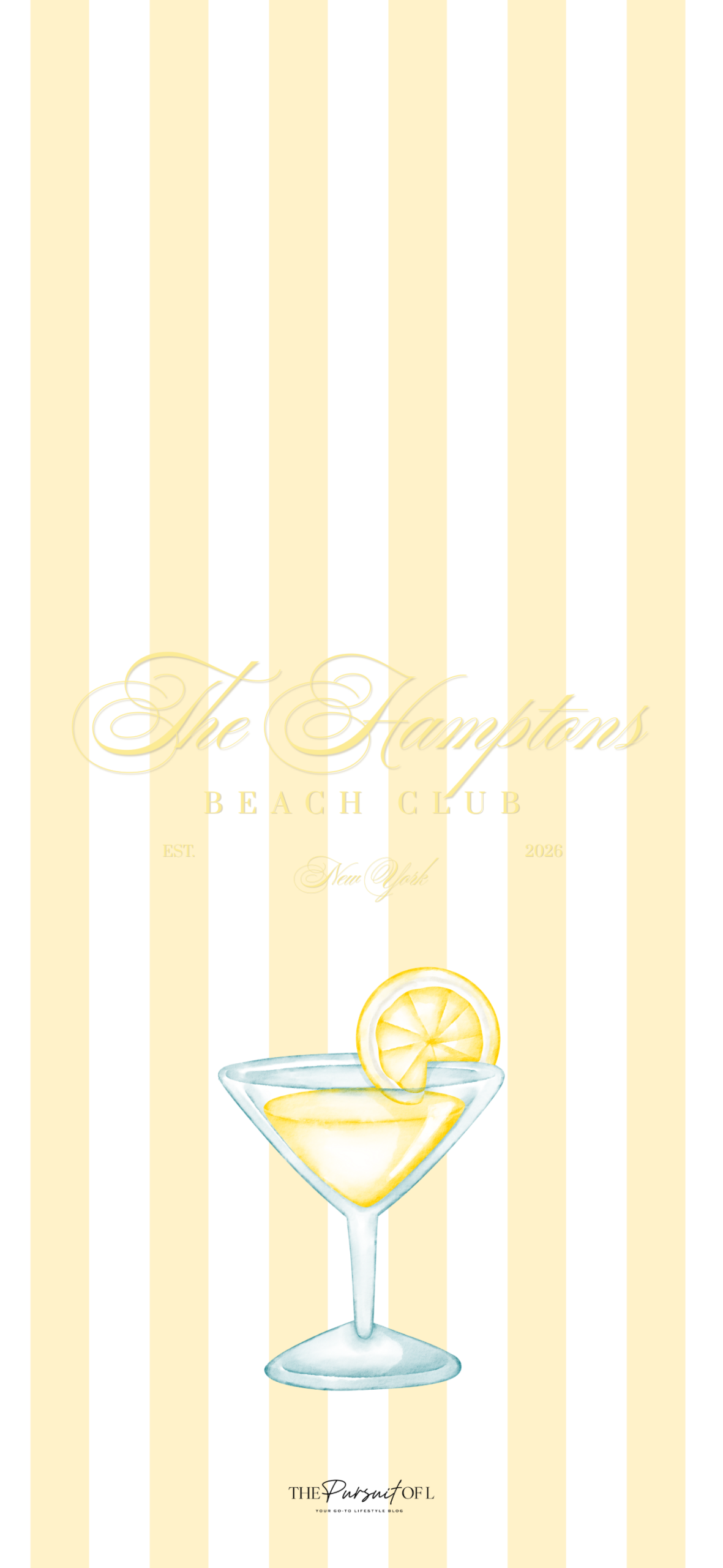 Hamptons Beach Club phone wallpaper featuring a lemon cocktail illustration on buttery yellow stripes with coastal summer aesthetic