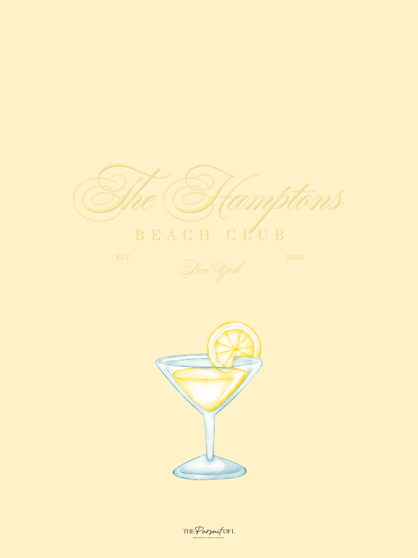 Hamptons Beach Club summer tablet wallpaper with lemon cocktail illustration on a buttery yellow background