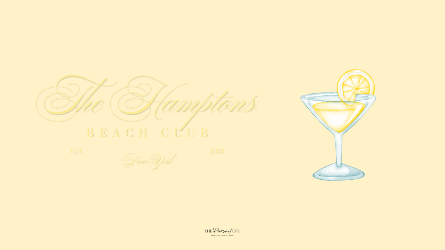 Hamptons Beach Club summer desktop wallpaper with lemon cocktail illustration on a buttery yellow background