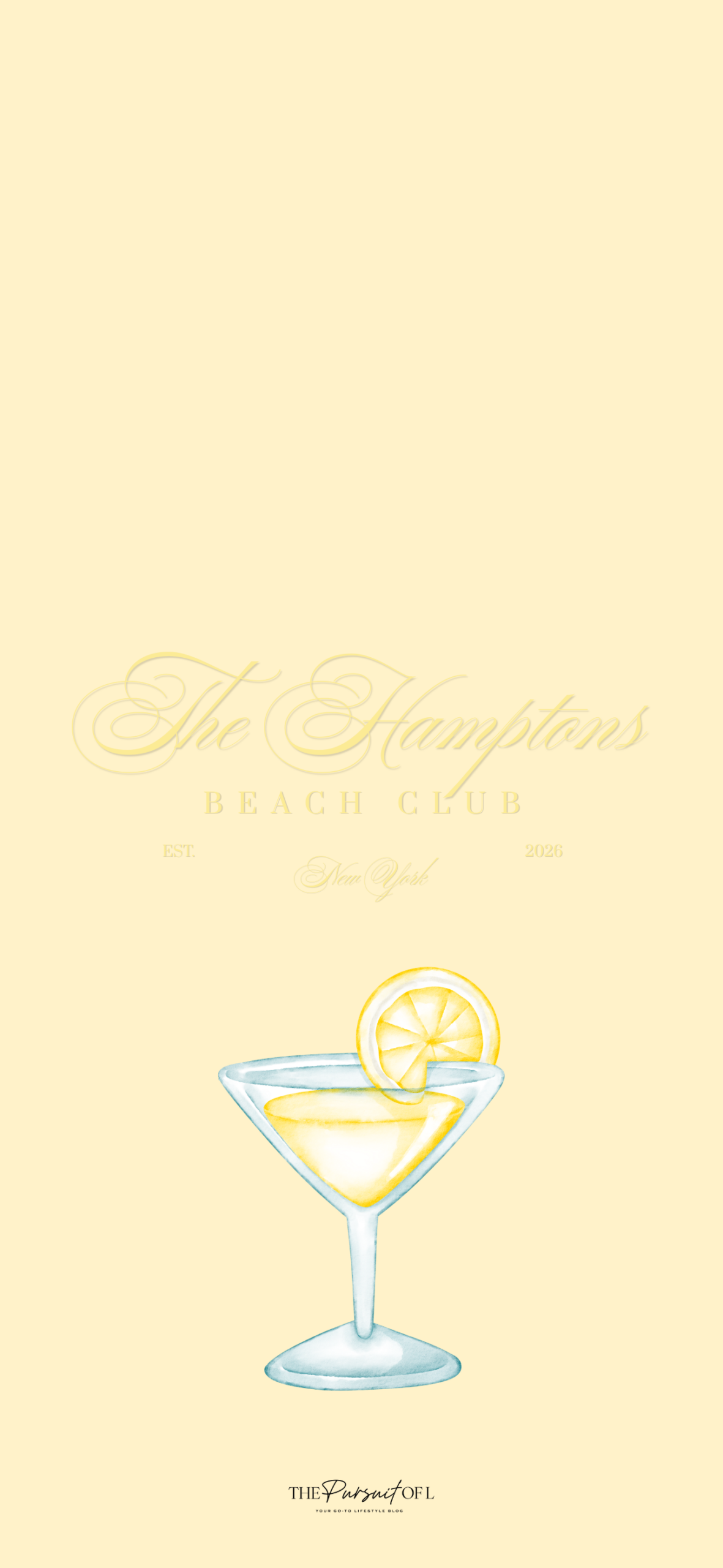 Hamptons Beach Club summer phone wallpaper with lemon cocktail illustration on a buttery yellow background
