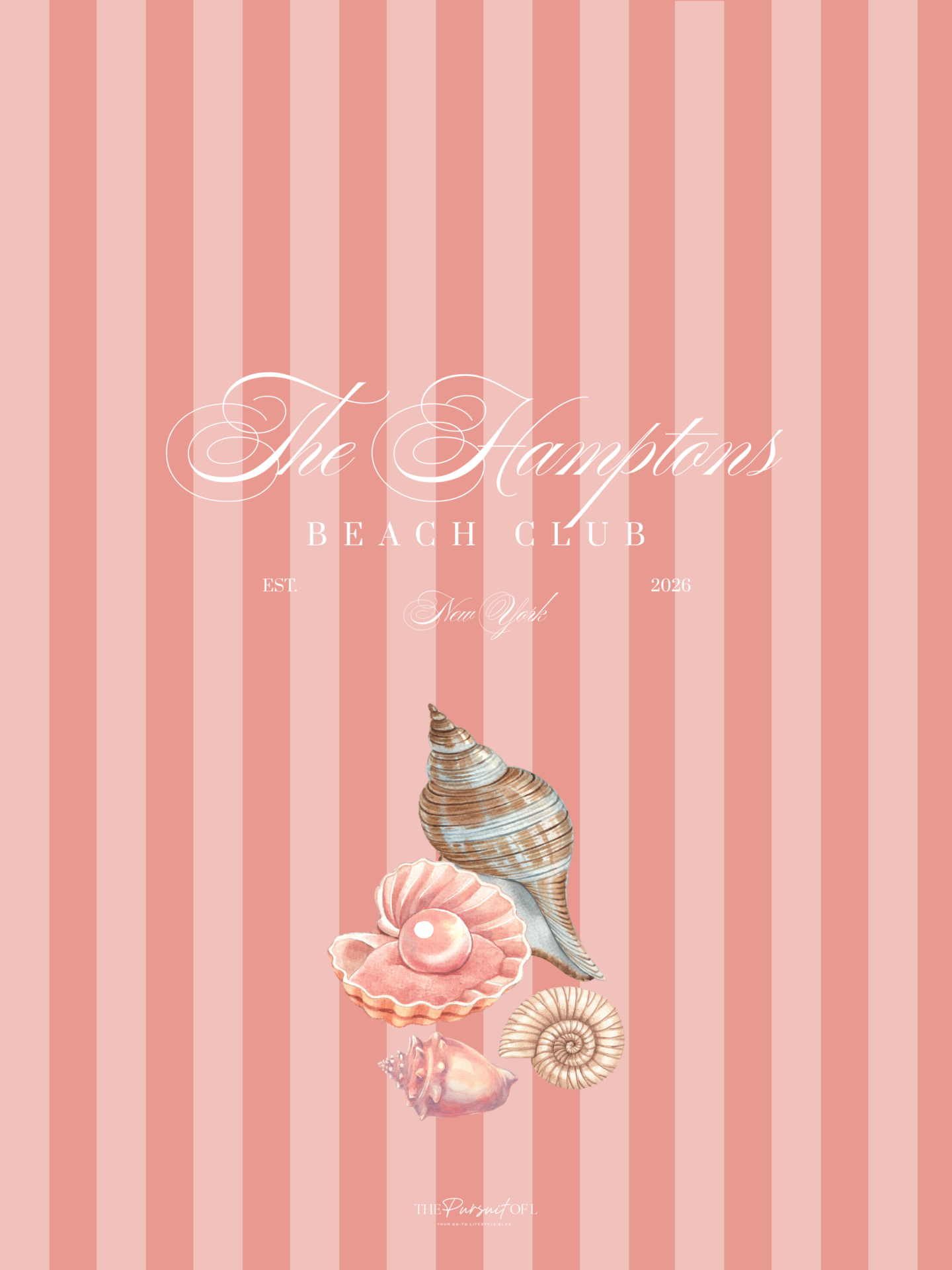 Hamptons Beach Club tablet wallpaper featuring a seashell illustration on soft pink striped background with coastal beach aesthetic