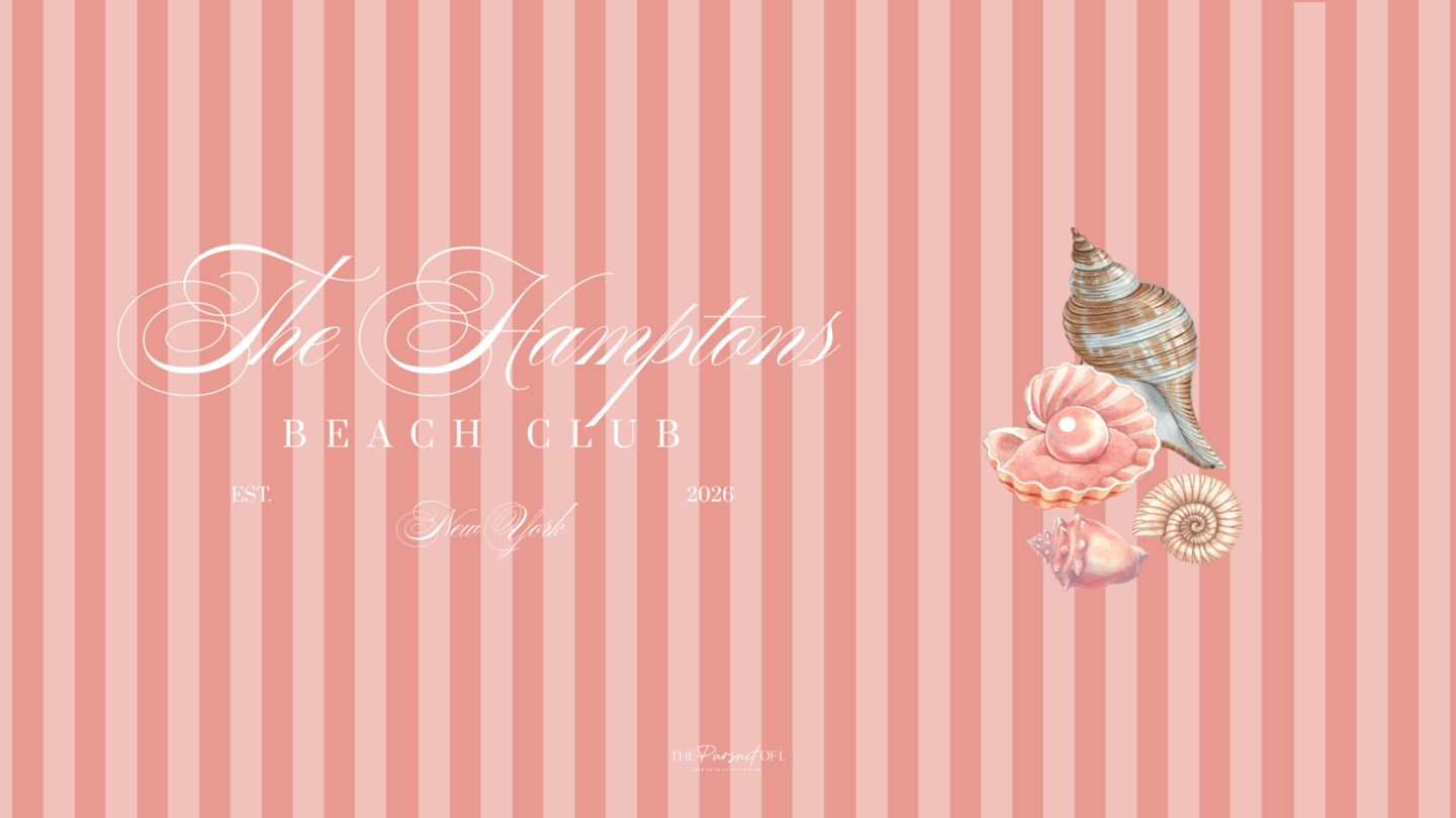 Hamptons Beach Club desktop wallpaper featuring a seashell illustration on soft pink striped background with coastal beach aesthetic