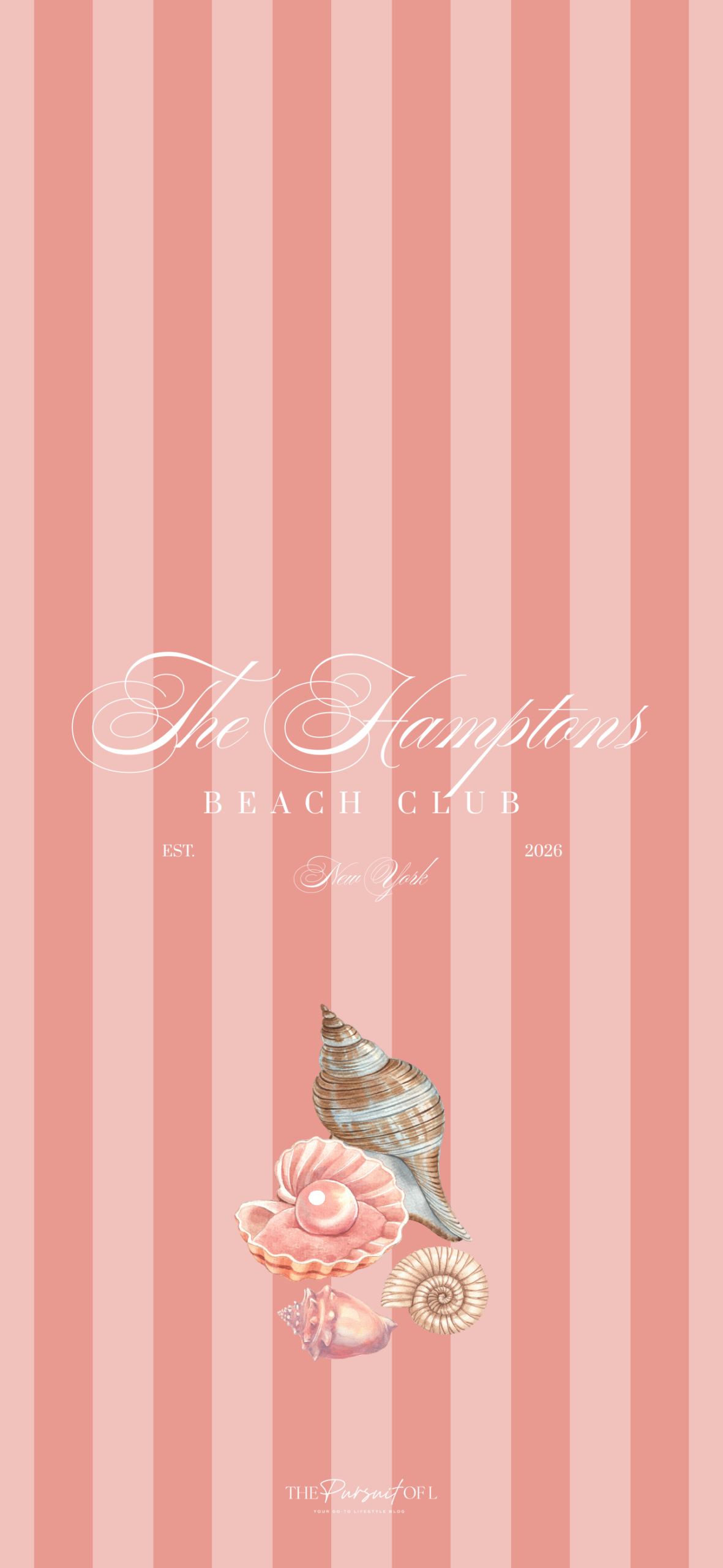 Hamptons Beach Club phone wallpaper featuring a seashell illustration on soft pink striped background with coastal beach aesthetic