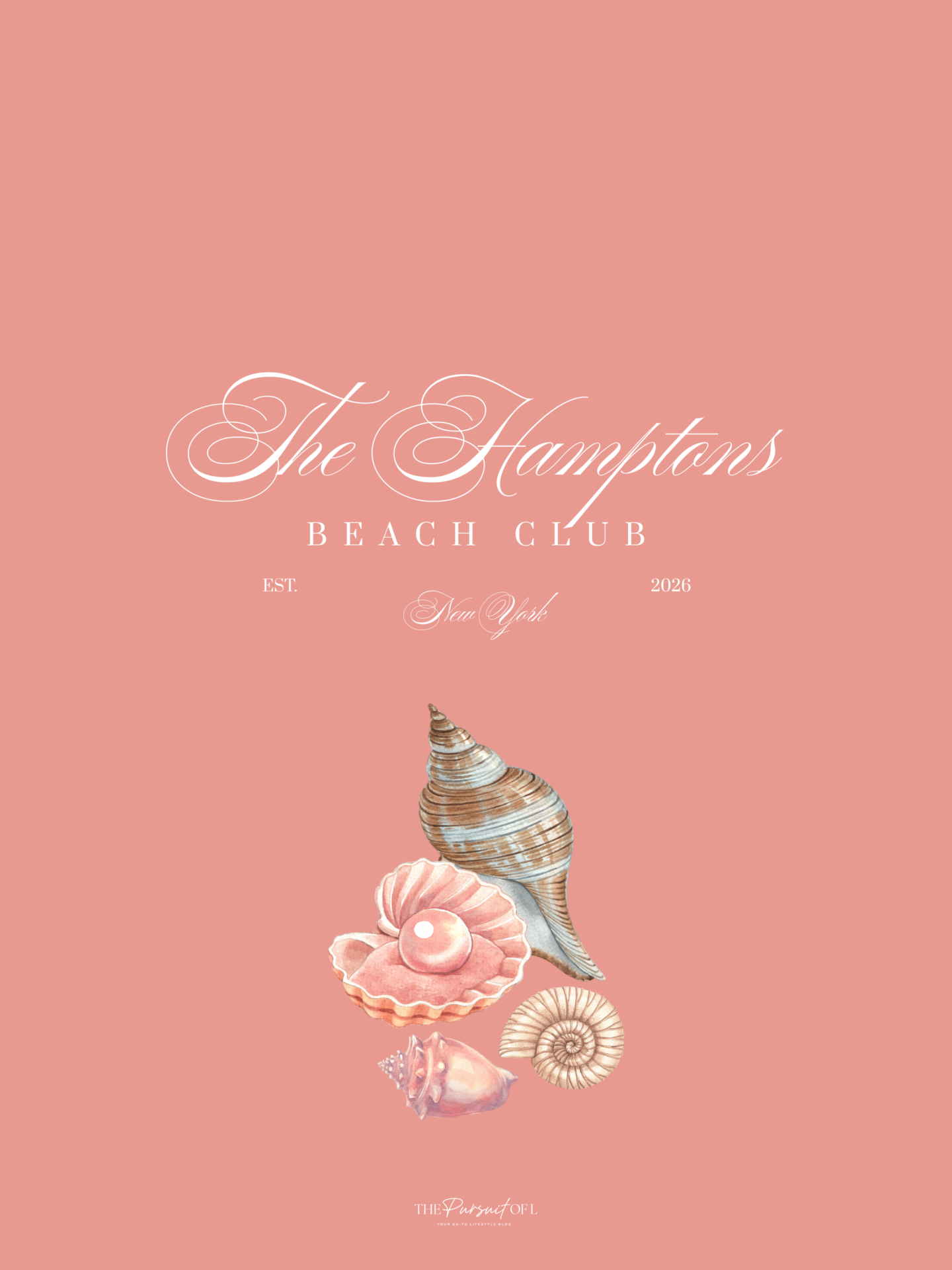 Hamptons Beach Club tablet wallpaper with watercolor seashell illustration on a peach pink background