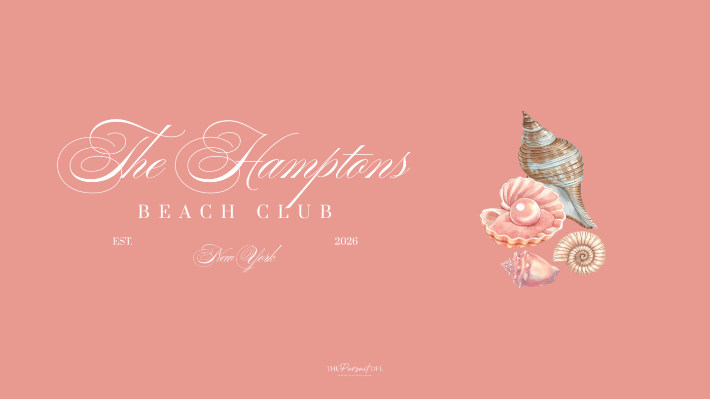 Hamptons Beach Club desktop wallpaper with watercolor seashell illustration on a peach pink background