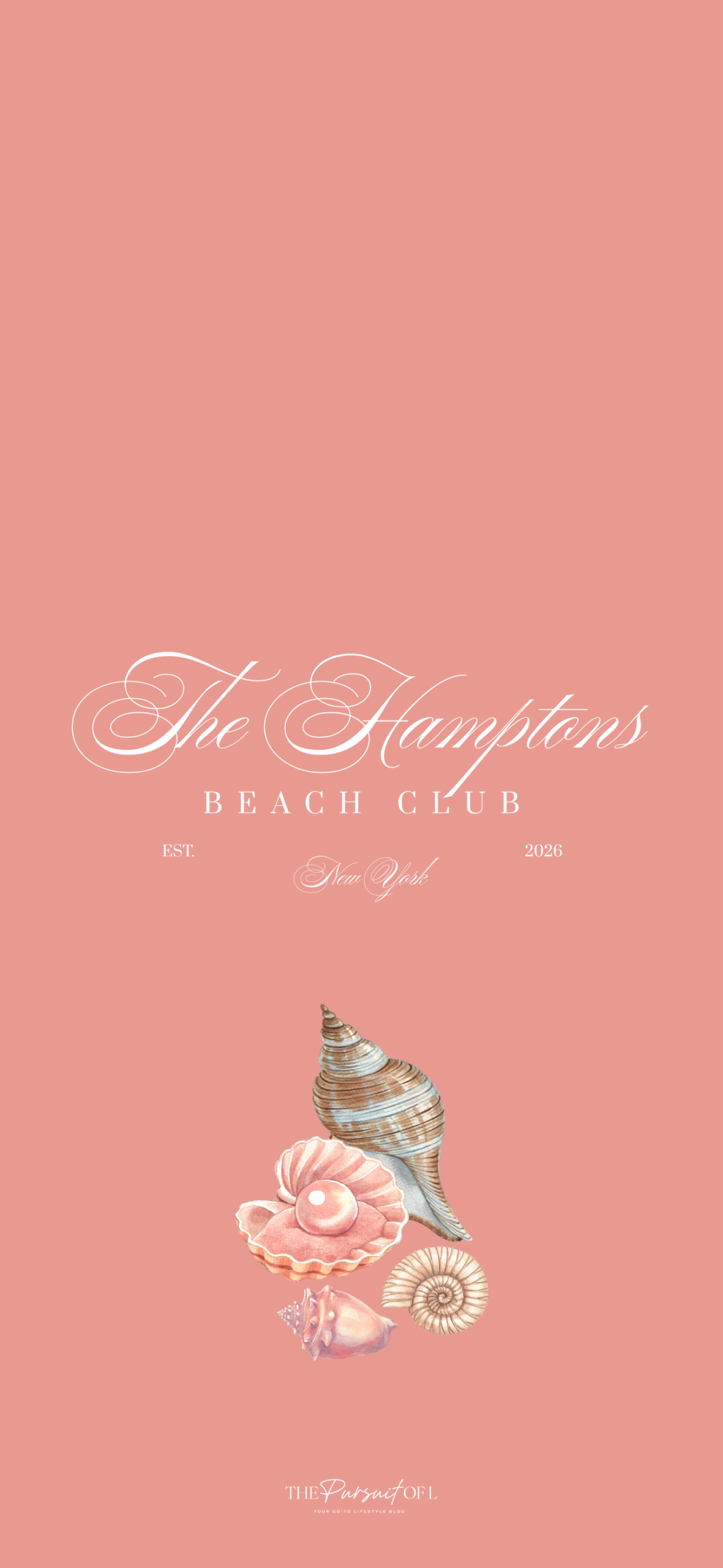 Hamptons Beach Club phone wallpaper with watercolor seashell illustration on a peach pink background