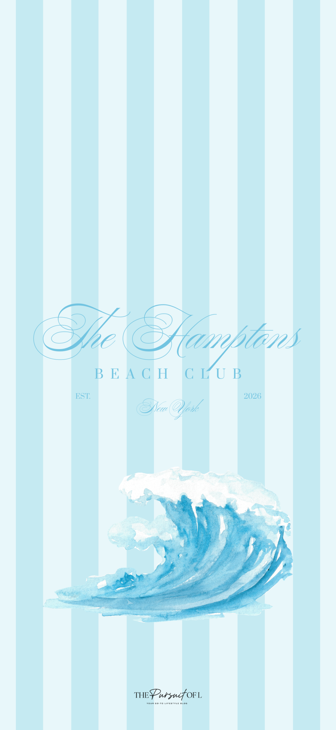 Hamptons Beach Club phone wallpaper featuring ocean wave artwork on blue striped background inspired by summer on the coast