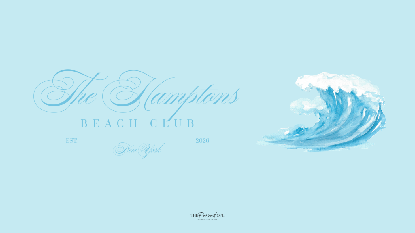 Hamptons Beach Club coastal desktop wallpaper with watercolor ocean wave illustration on soft blue background