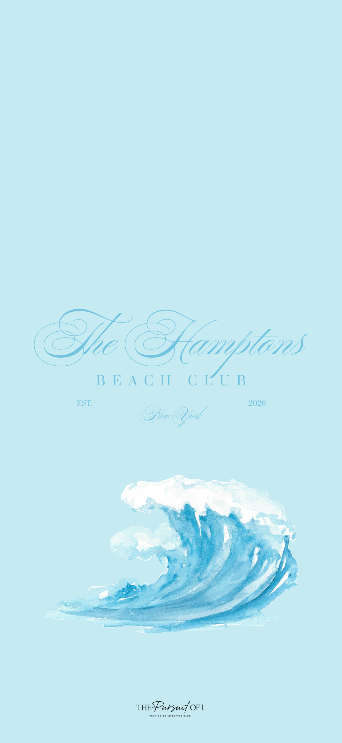 Hamptons Beach Club coastal phone wallpaper with watercolor ocean wave illustration on soft blue background